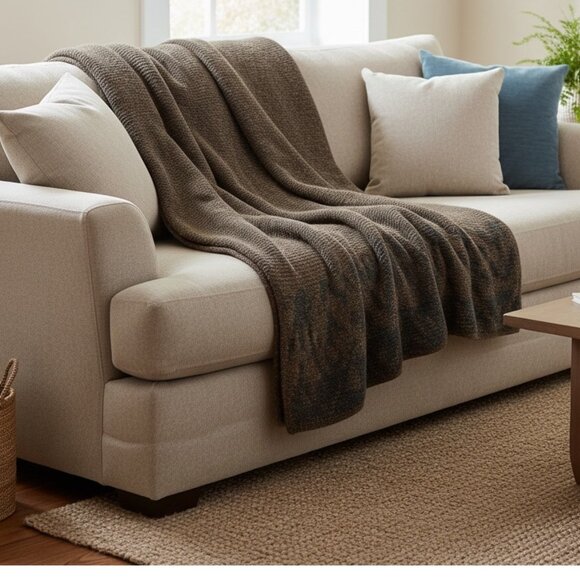 PrAna Knit Throw Blanket Brown Gray Jacquard Pattern 56x60 Acrylic Nylon Wool - Picture 6 of 6